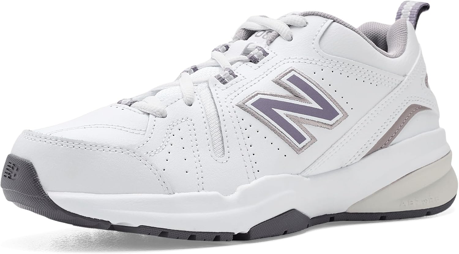 New Balance Women's 608 V5 casual comfort cross trainer in white with navy accents, featuring cushioned midsole and supportive design — view 3