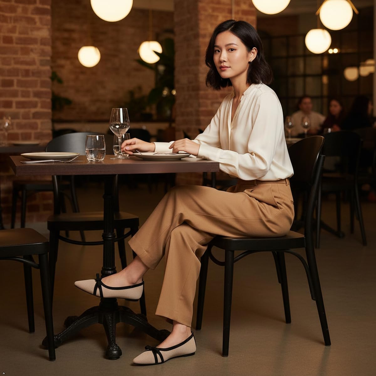 Oexuios black pointed toe knit foldable ballet flat shown from the side, featuring a minimalist design and flexible construction for casual office wear โ view 3