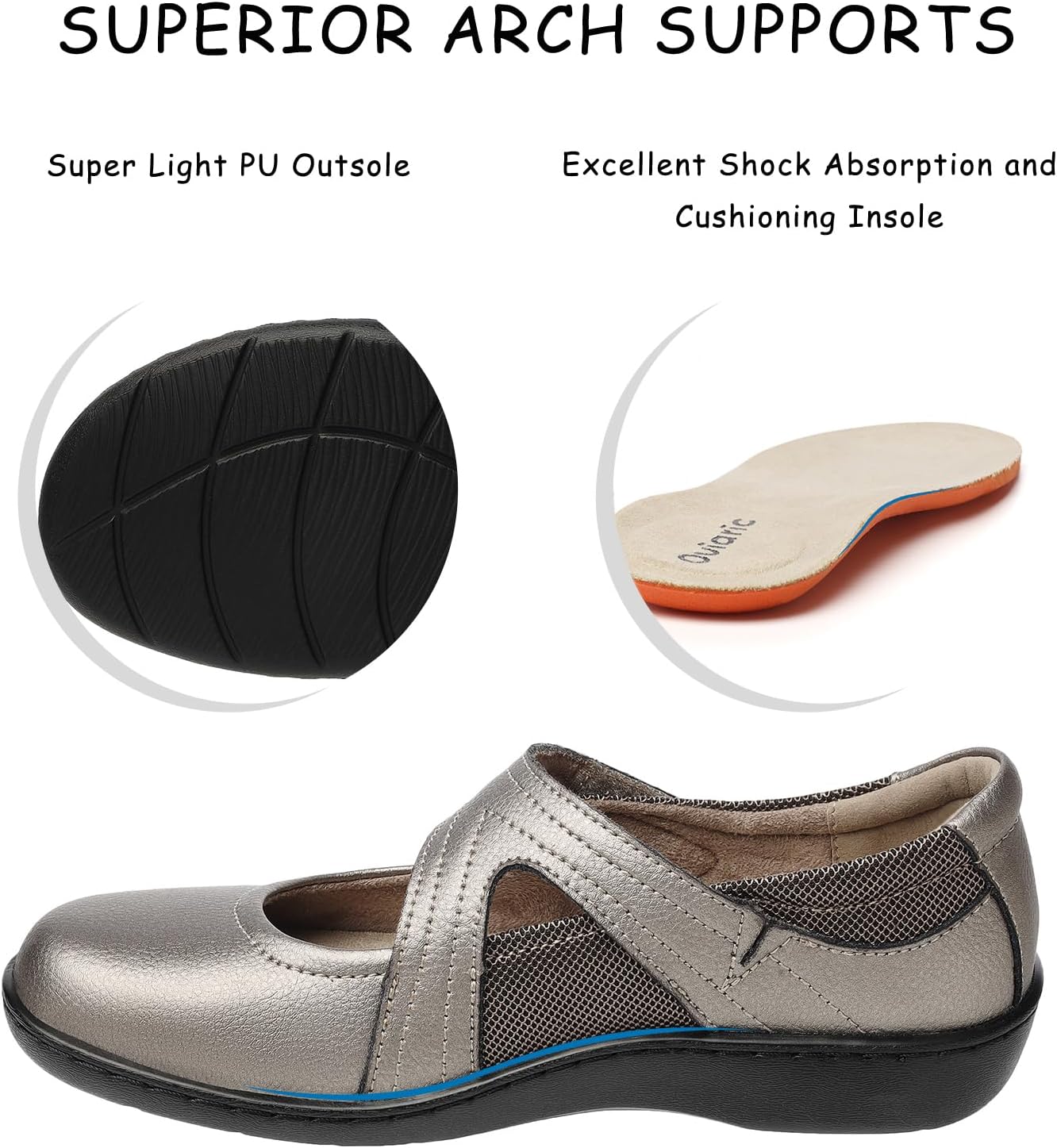 Oviaric women's classic Mary Jane flats in black with closed toe design and slip-on construction, shown from the side on a white background โ view 3