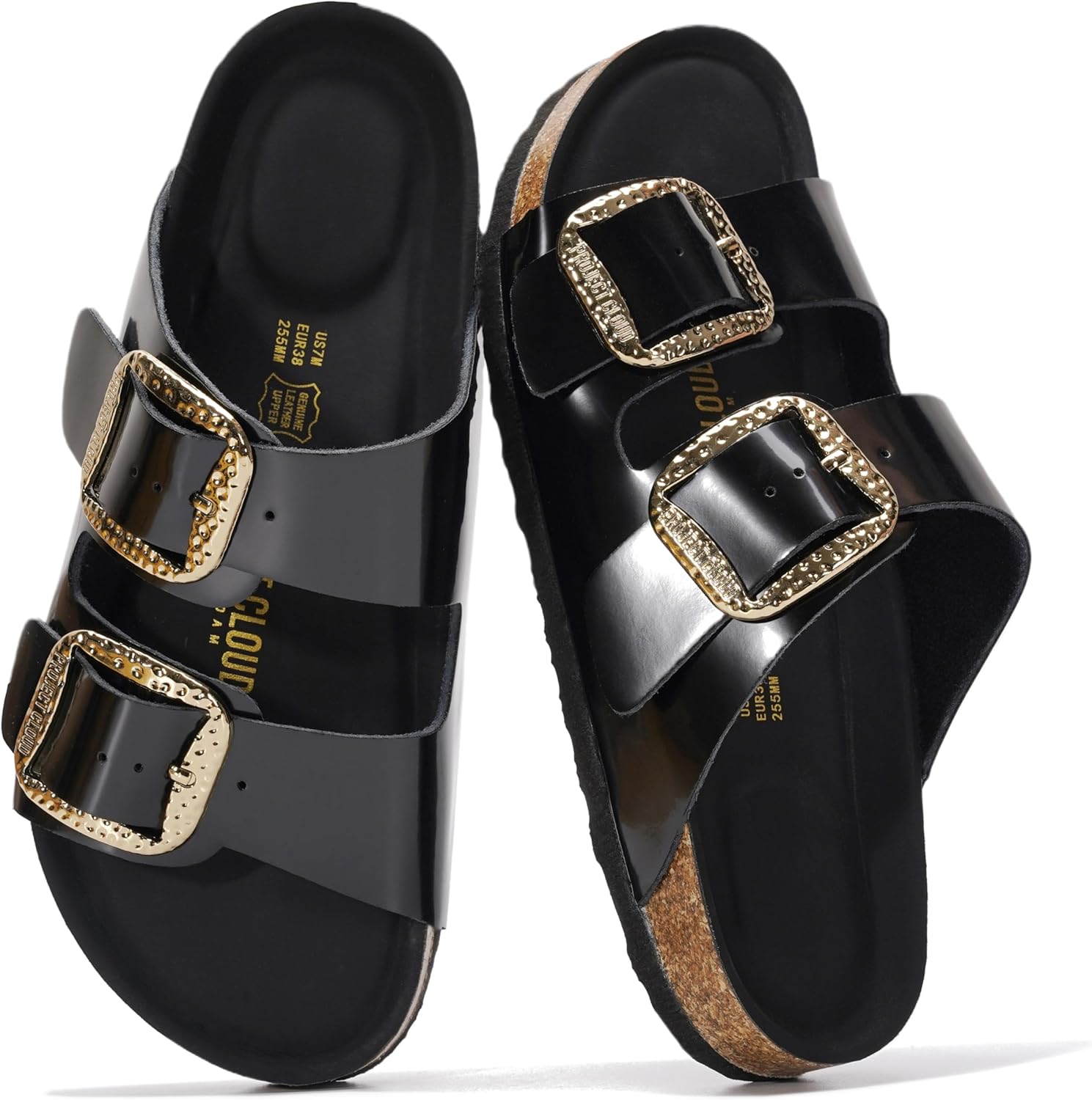 Project Cloud Santorini genuine leather flat sandal for women with memory foam footbed, displayed on white background โ view 3