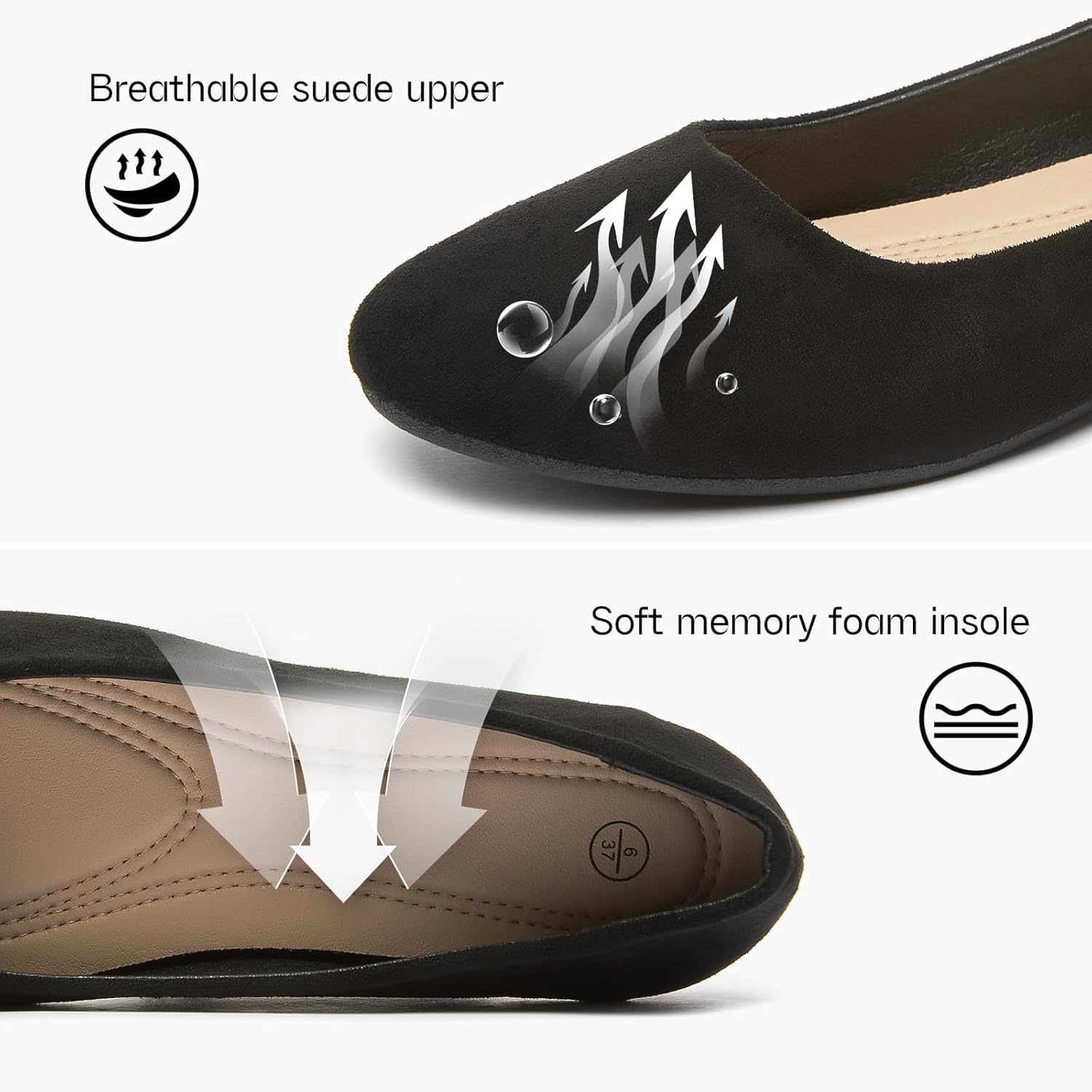 Shupua black round toe ballet flats for women displayed on a white background, showing the classic dressy flat shoe design with comfortable cushioning suitable for work and formal occasions — view 3