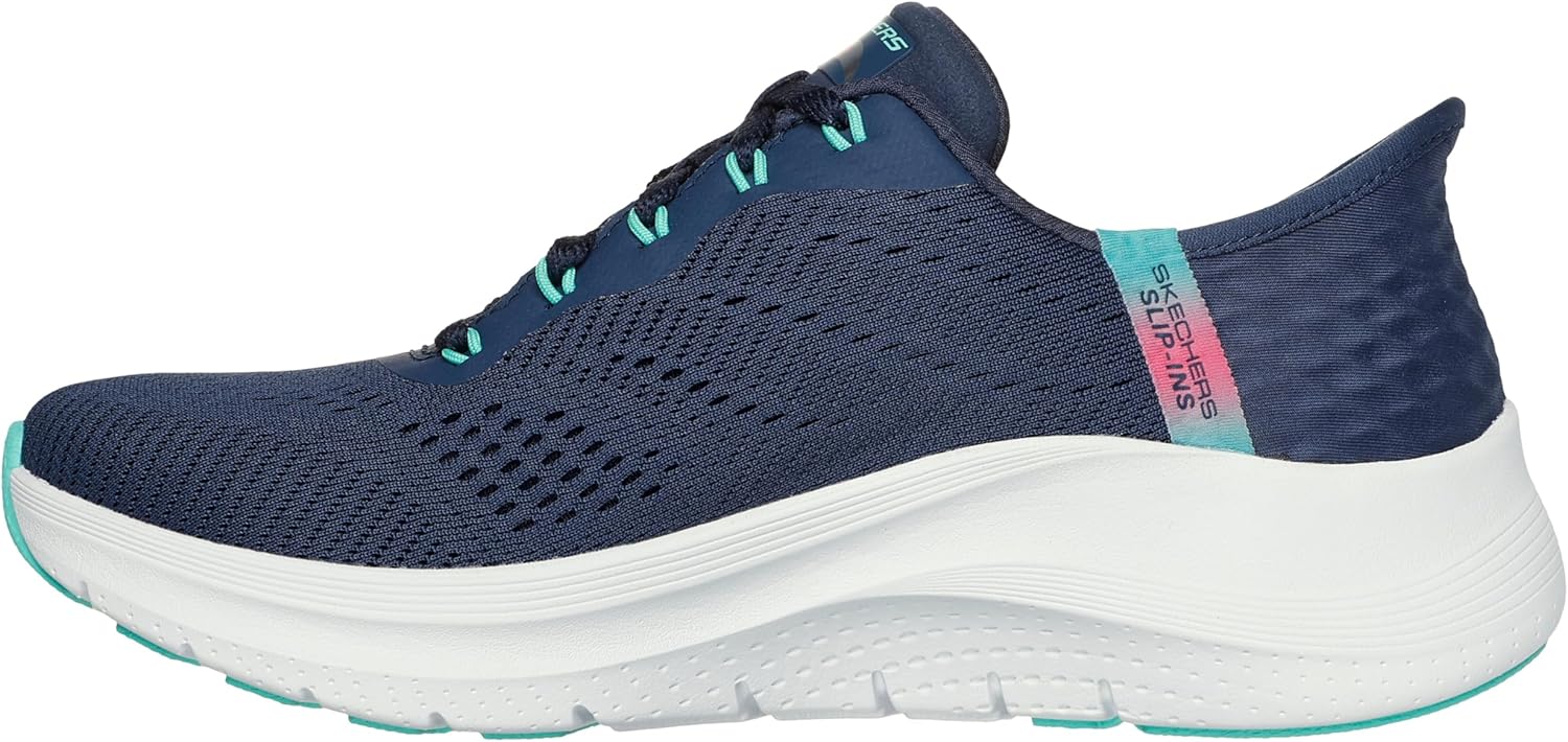 Skechers Women's Arch Fit 2.0 Easy Chic white and gray slip-on sneaker shown from the side, displaying minimalist design with arch support technology โ view 3