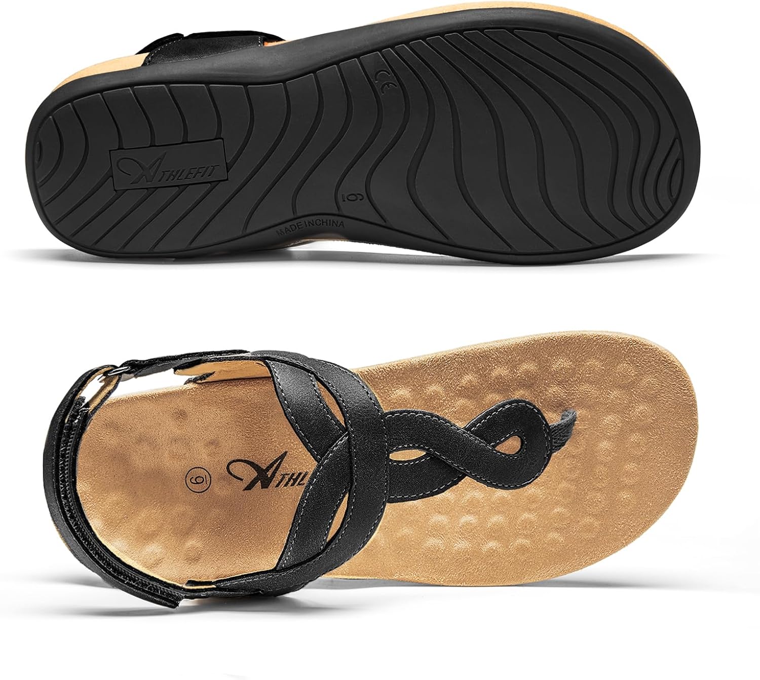 Athlefit women's orthopedic arch support sandals in black with thong T-strap design, featuring orthotic cushioning for casual comfort — view 3