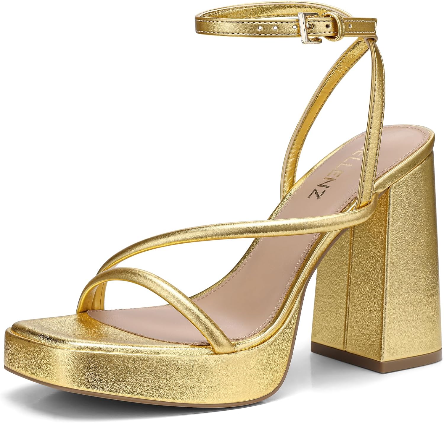 CELLENZ white and gold open toe chunky platform heels with 4.5-inch strappy design and square toe for women โ view 3