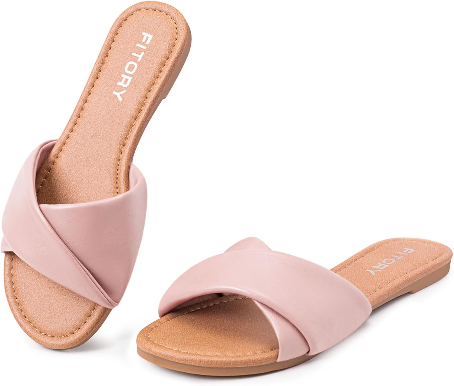 FITORY women's flat sandals in soft tan leather with cushioned slide design, perfect for summer comfort and casual wear โ view 3