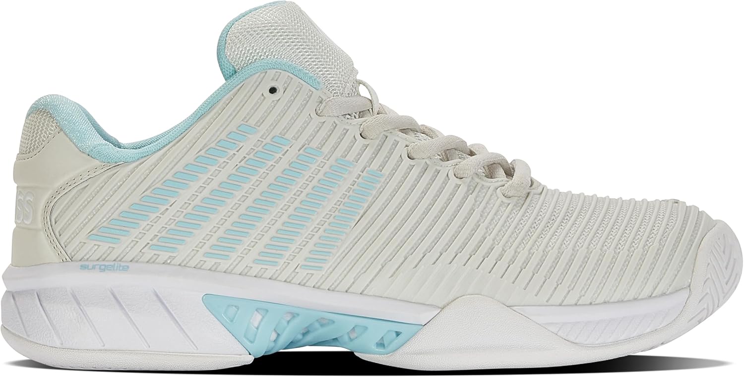K-Swiss Women's Hypercourt Express 2 tennis shoe in white and teal colorway, designed for court performance and athletic agility โ view 4