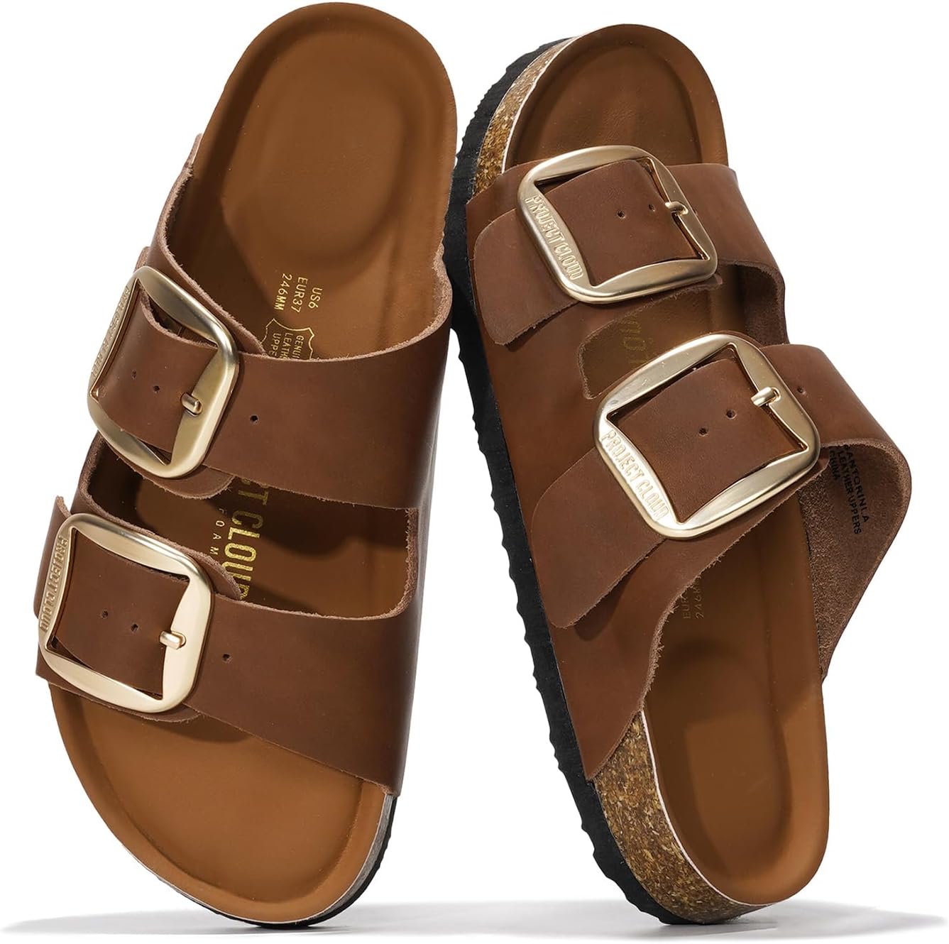 Project Cloud Santorini genuine leather flat sandal for women with memory foam footbed, displayed on white background โ view 4
