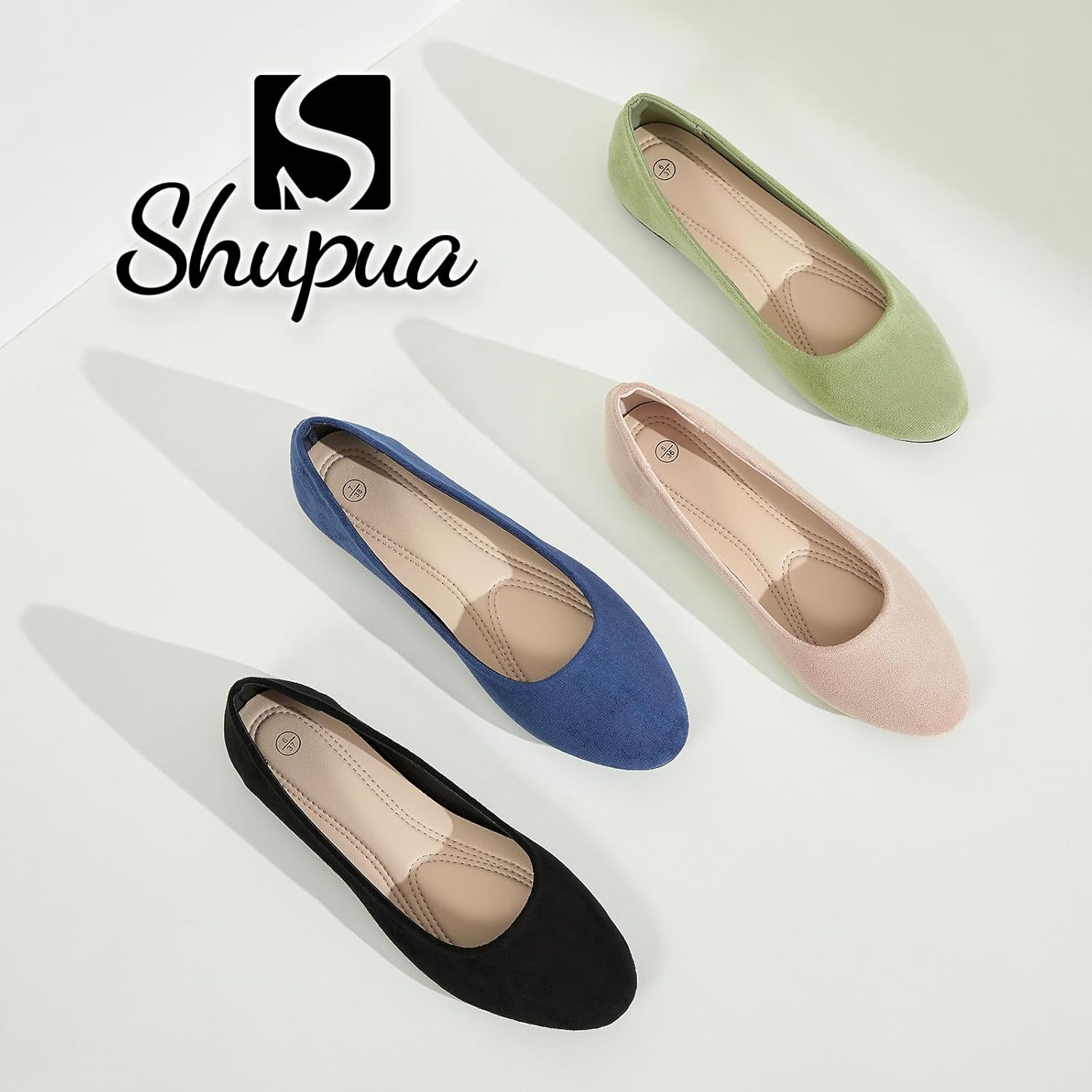 Shupua black round toe ballet flats for women displayed on a white background, showing the classic dressy flat shoe design with comfortable cushioning suitable for work and formal occasions — view 4
