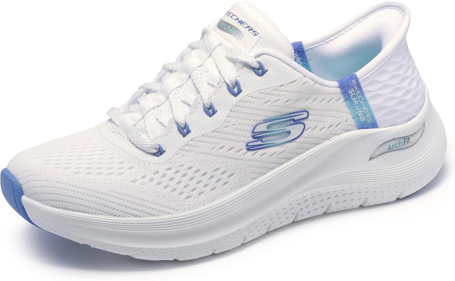 Skechers Women's Arch Fit 2.0 Easy Chic white and gray slip-on sneaker shown from the side, displaying minimalist design with arch support technology โ view 4