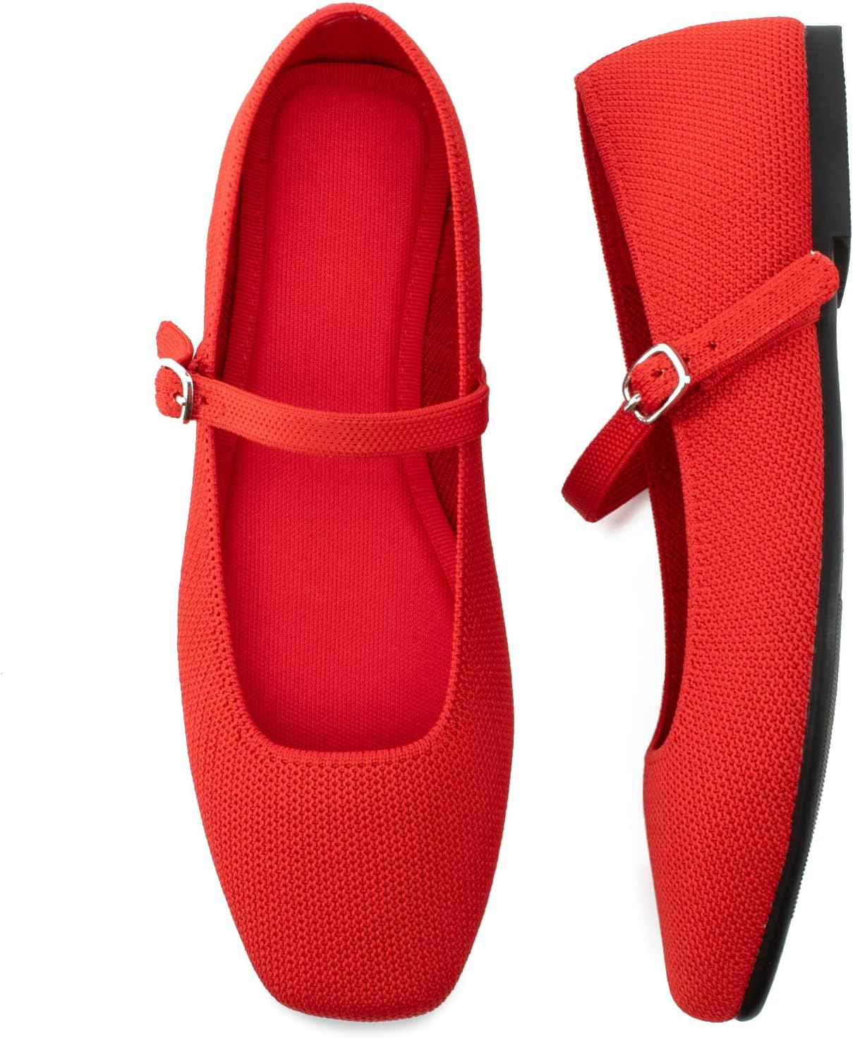 Soesyi knit flats in black with square toe design, ankle strap, and Mary Jane style silhouette on white background — view 4