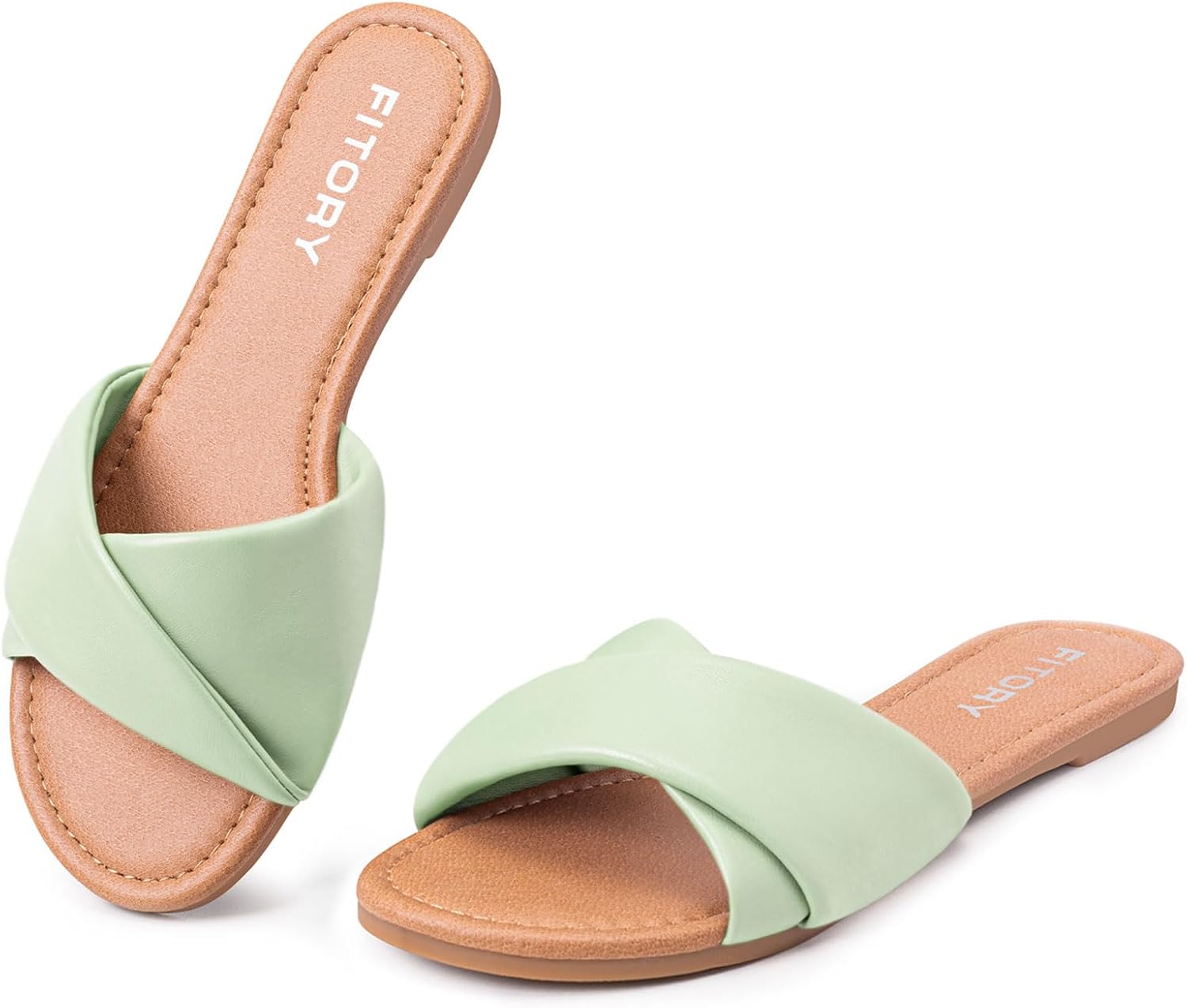 FITORY women's flat sandals in soft tan leather with cushioned slide design, perfect for summer comfort and casual wear โ view 4