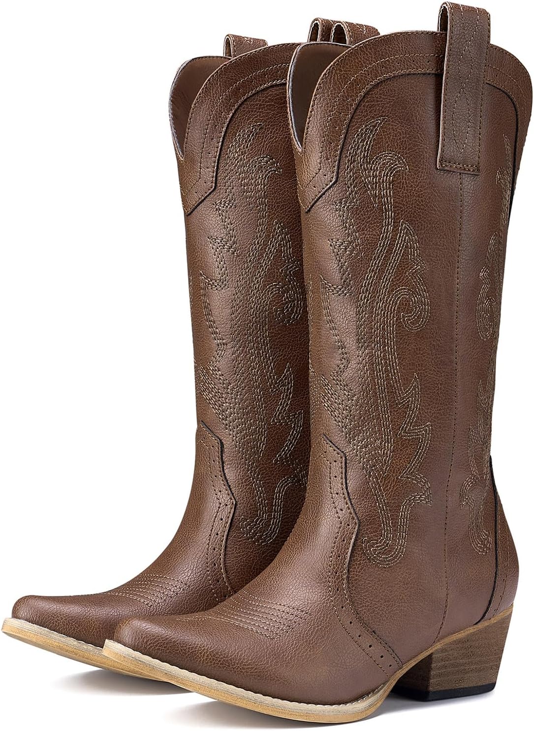 HISEA Rollda women's cowboy boots in rich brown leather with pointed toe and decorative stitched embroidery detailing, displayed against a neutral background โ view 4