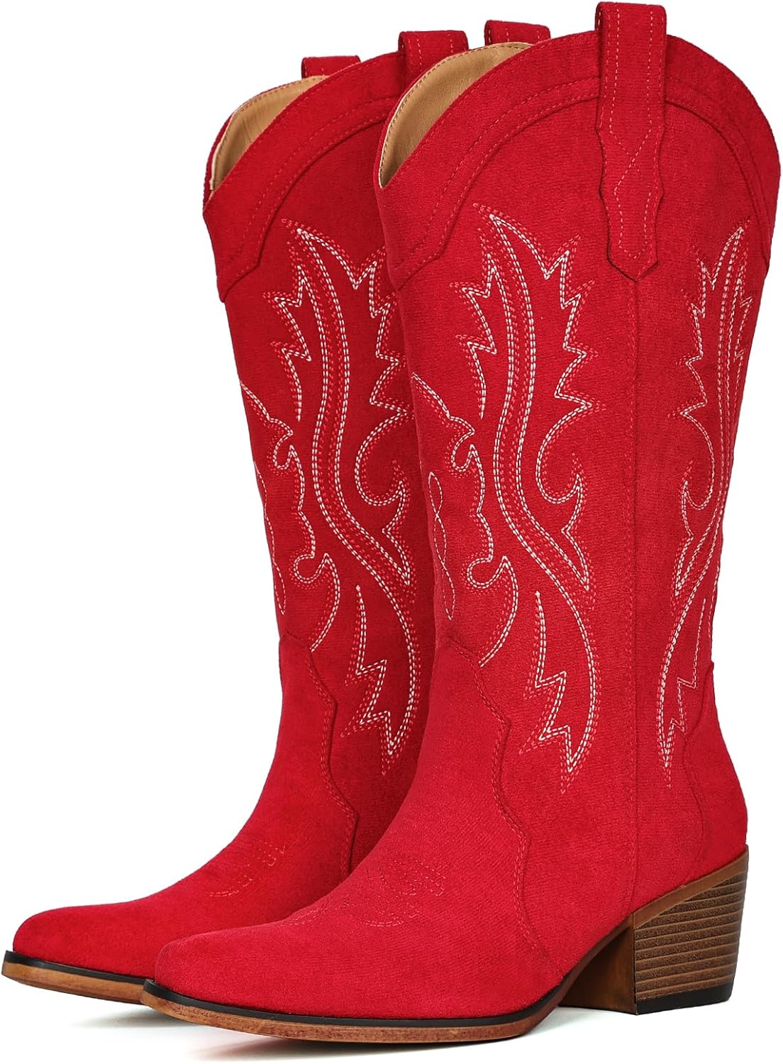 IUV black leather cowboy boots for women with chunky heel and mid-calf snip toe design, shown from the side — view 4