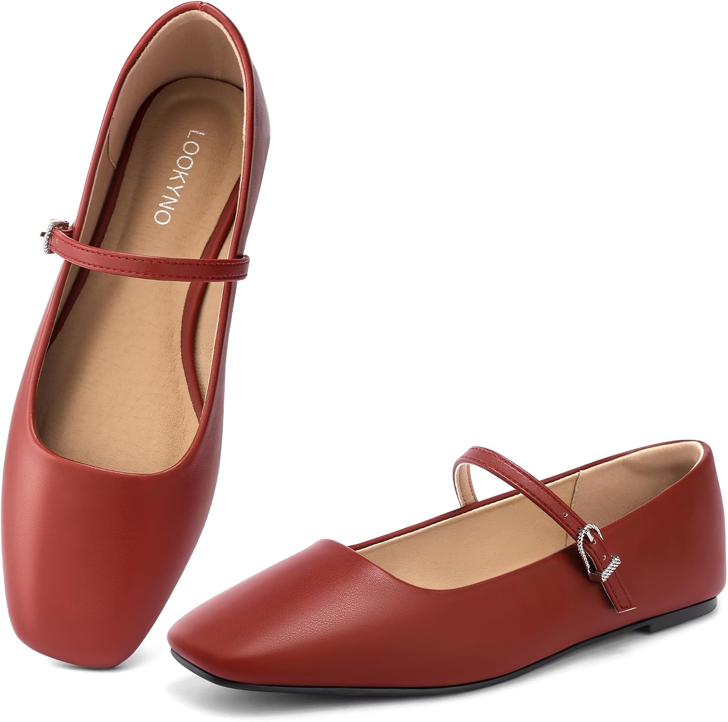 Lookyno women's black ballet Mary Jane flats with adjustable strap and square closed toe on white background — view 5