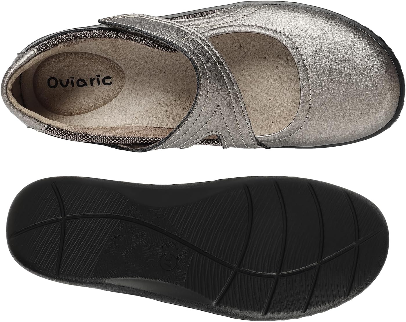 Oviaric women's classic Mary Jane flats in black with closed toe design and slip-on construction, shown from the side on a white background โ view 5