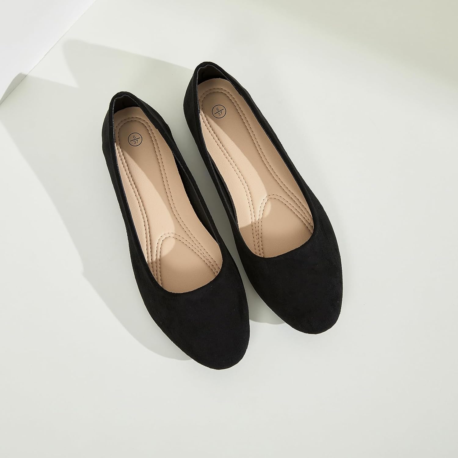 Shupua black round toe ballet flats for women displayed on a white background, showing the classic dressy flat shoe design with comfortable cushioning suitable for work and formal occasions — view 5