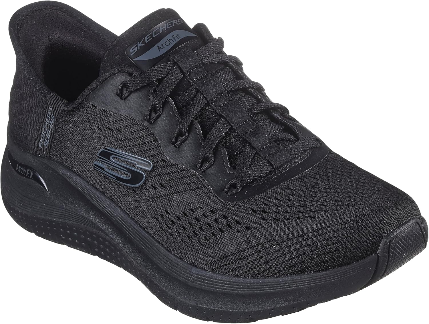 Skechers Women's Arch Fit 2.0 Easy Chic white and gray slip-on sneaker shown from the side, displaying minimalist design with arch support technology โ view 5