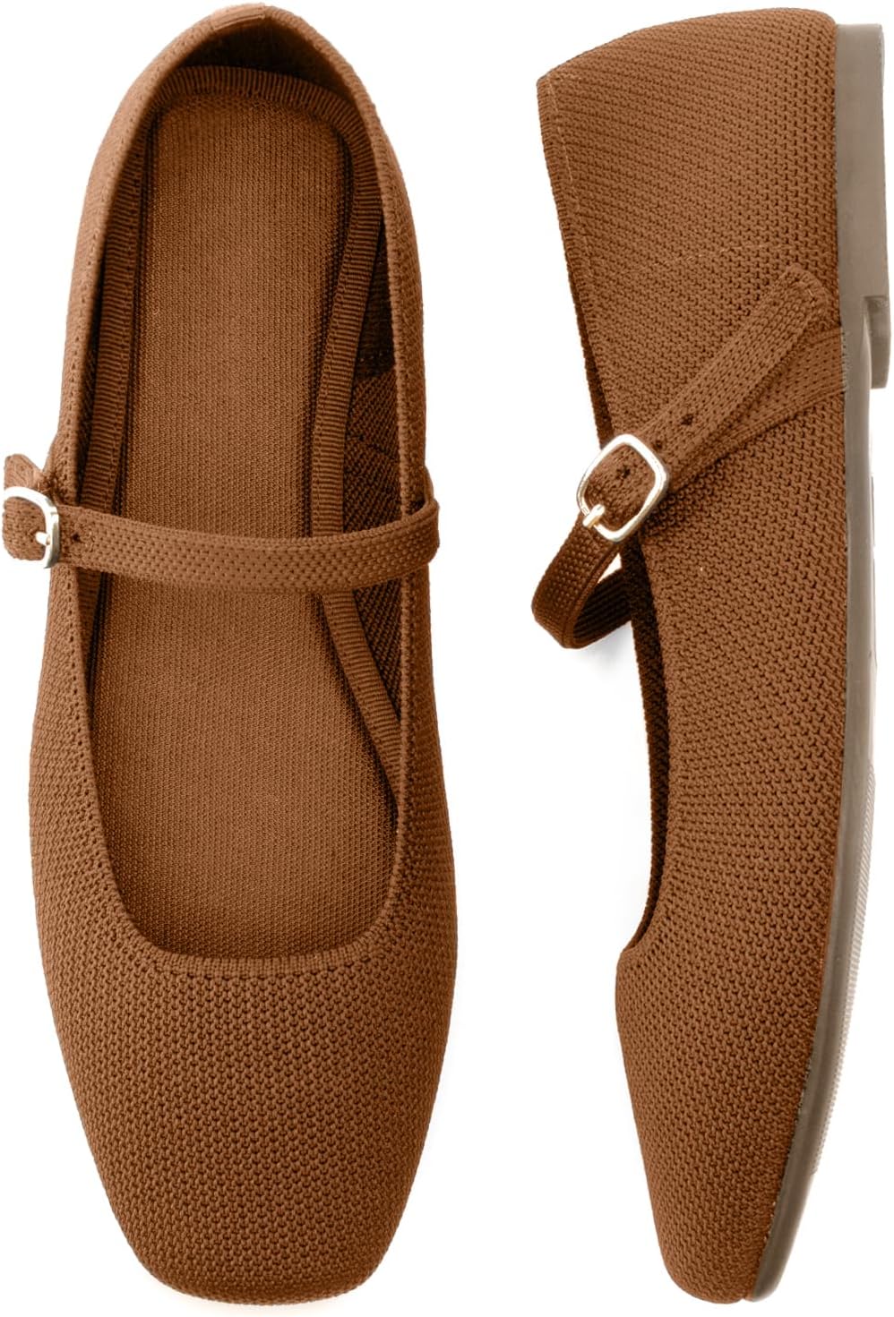Soesyi knit flats in black with square toe design, ankle strap, and Mary Jane style silhouette on white background — view 5