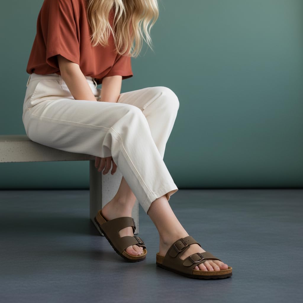 CUSHIONAIRE Lane cork footbed womens sandals in tan with double buckle straps and arch support, displayed from the side โ view 5