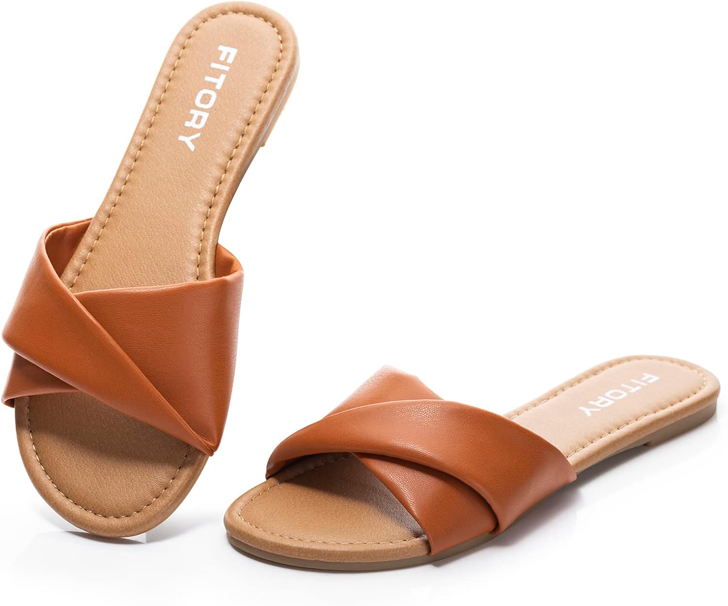 FITORY women's flat sandals in soft tan leather with cushioned slide design, perfect for summer comfort and casual wear โ view 5