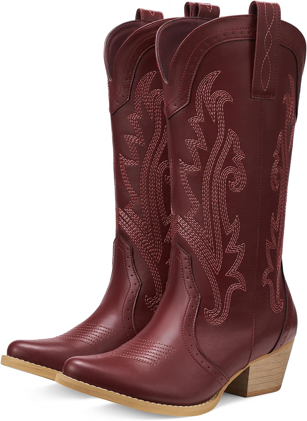 HISEA Rollda women's cowboy boots in rich brown leather with pointed toe and decorative stitched embroidery detailing, displayed against a neutral background โ view 5