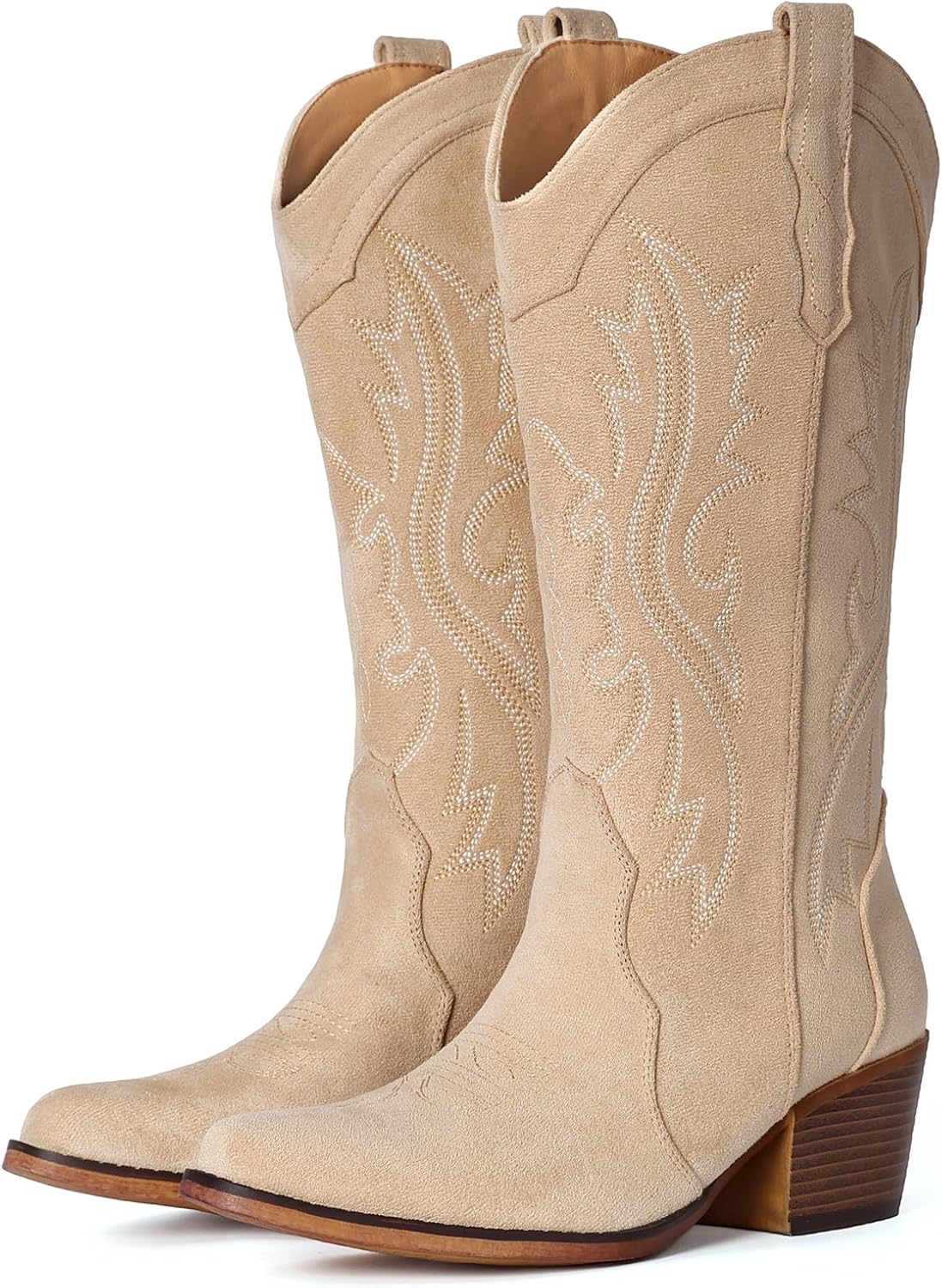 IUV black leather cowboy boots for women with chunky heel and mid-calf snip toe design, shown from the side — view 5