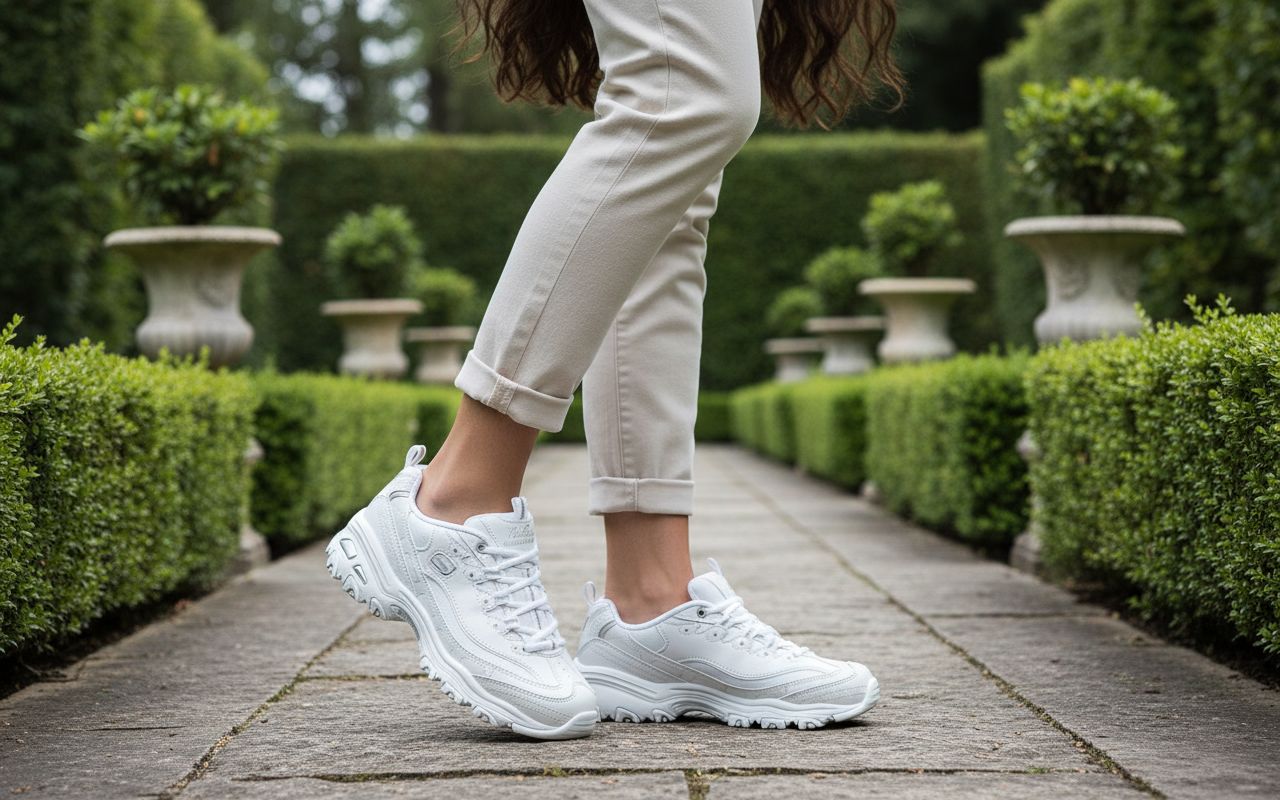 Skechers Women's D'Lites Fresh Start memory foam lace-up sneaker in white, featuring cushioned sole and sporty design for everyday comfort โ view 1