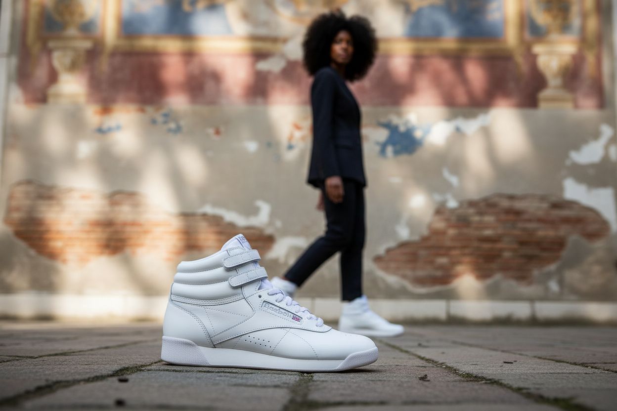 Reebok Women's Freestyle Hi high-top basketball sneaker in white and black colorway, showcasing classic retro silhouette with padded ankle collar and rubber sole โ view 3