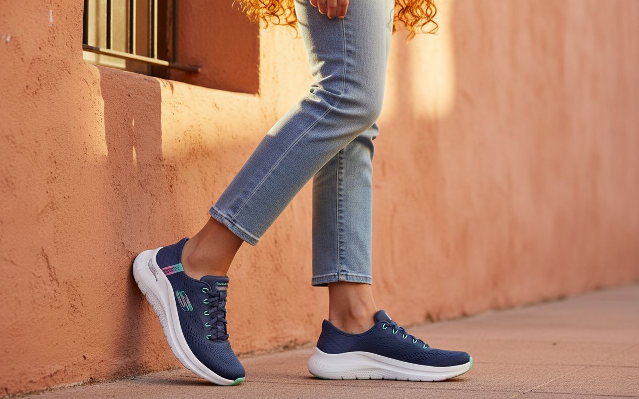 Neutral Skechers Arch Fit 2.0 hands-free slip-on sneaker with arch support technology, shown from the side view โ view 3