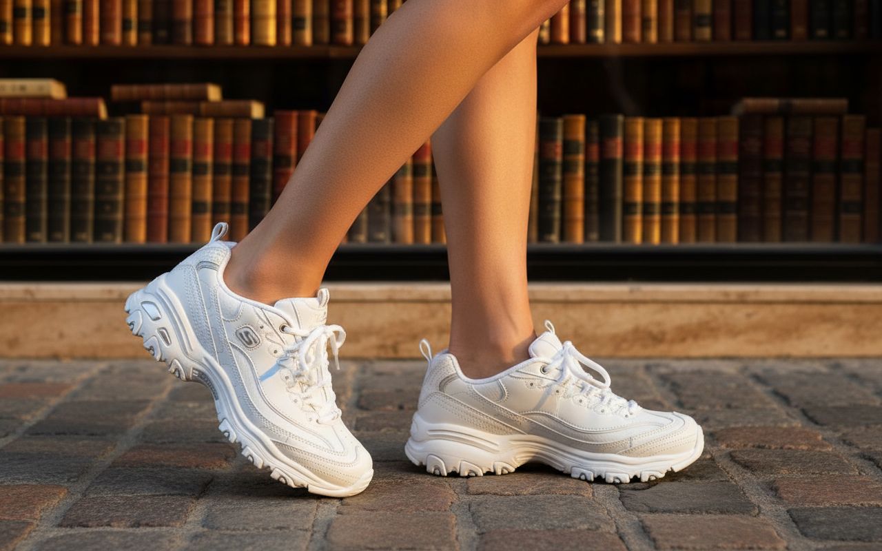 Skechers Women's D'Lites Fresh Start memory foam lace-up sneaker in white, featuring cushioned sole and sporty design for everyday comfort โ view 3