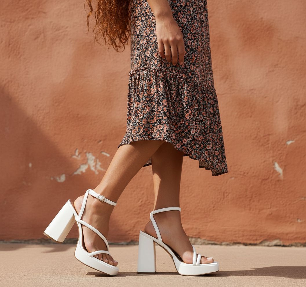 White and gold chunky platform heels with strappy open toe design, perfect for party and date night occasions — view 3