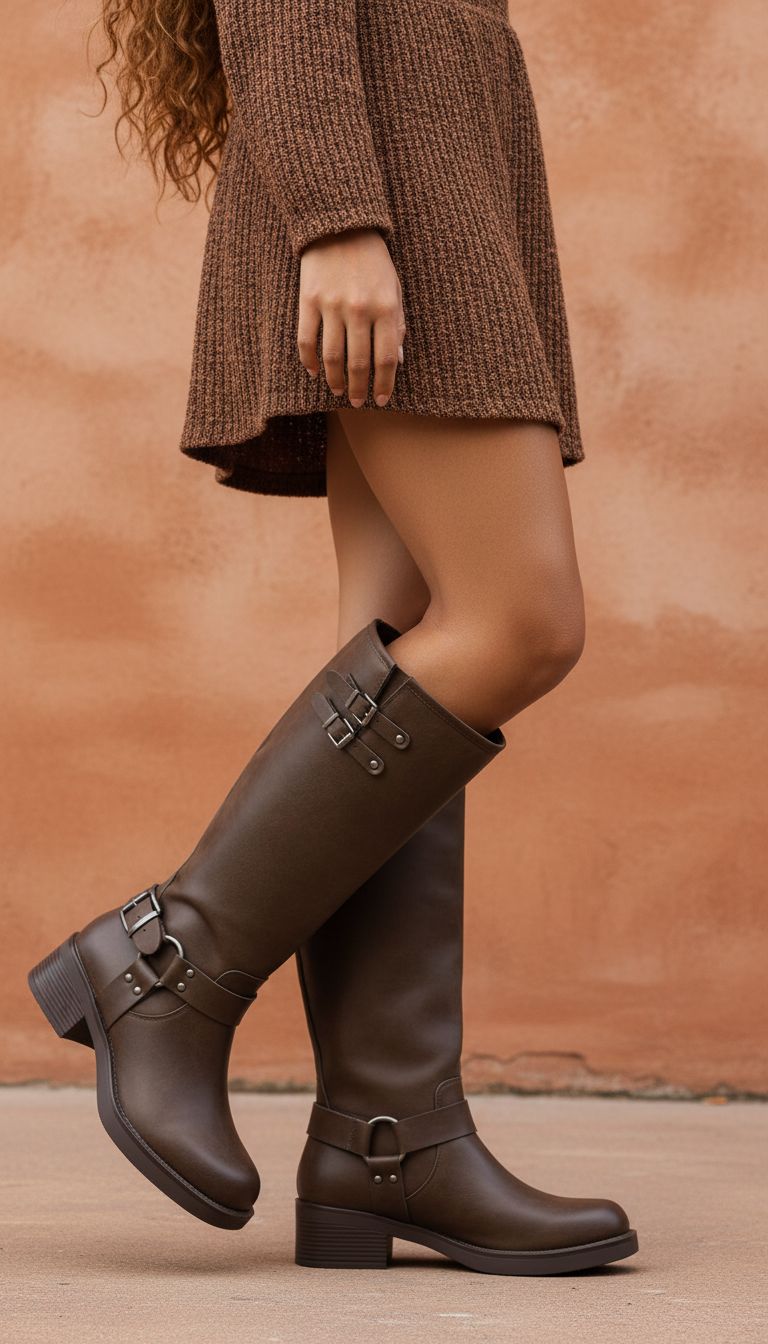 Black knee-high combat boots with lace-up front, adjustable side buckles, chunky low heel, and side zipper closure — view 3