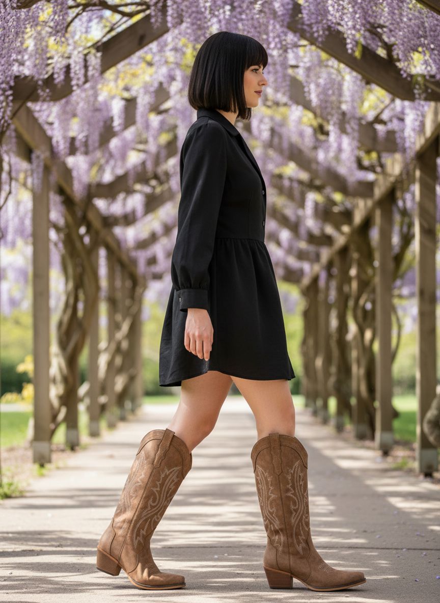 Neutral western cowboy boots for women featuring a chunky heel, mid-calf height, and snip toe design — view 3