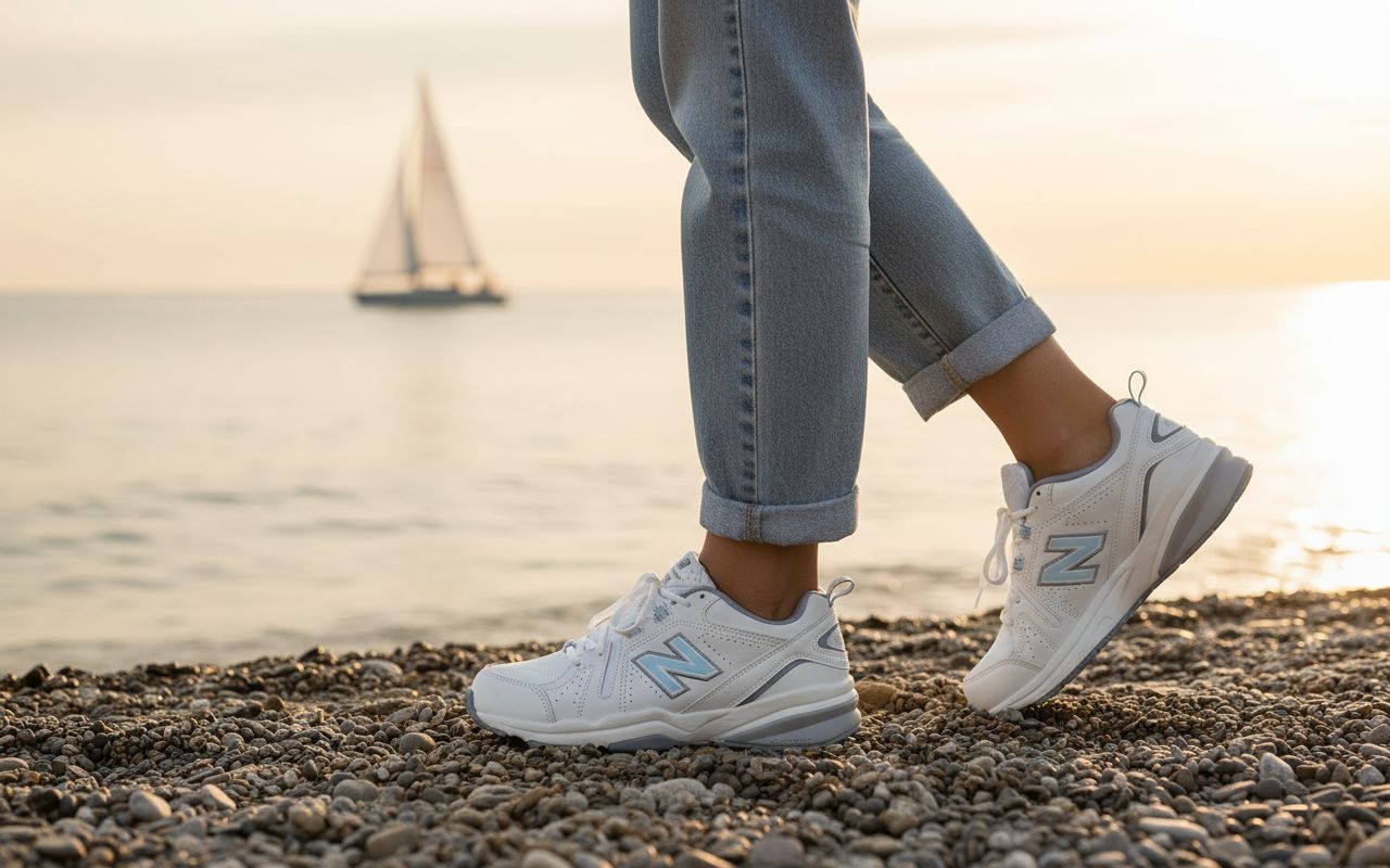 New Balance Women's 608 V5 casual comfort cross trainer in white with navy accents, featuring cushioned midsole and supportive design โ view 3