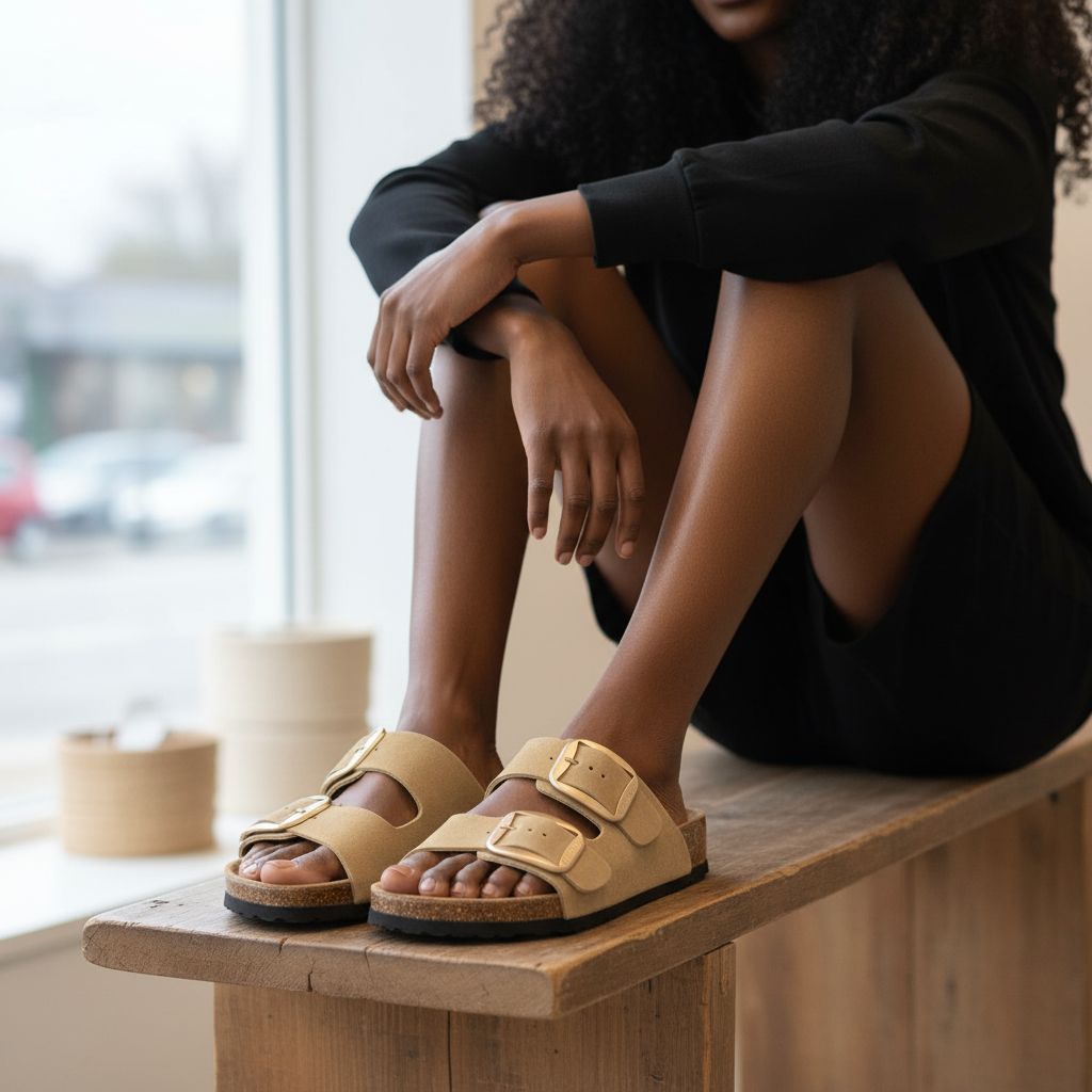 Neutral genuine leather flat sandals with memory foam insole, minimalist design for casual beach wear and vacation travel โ view 4