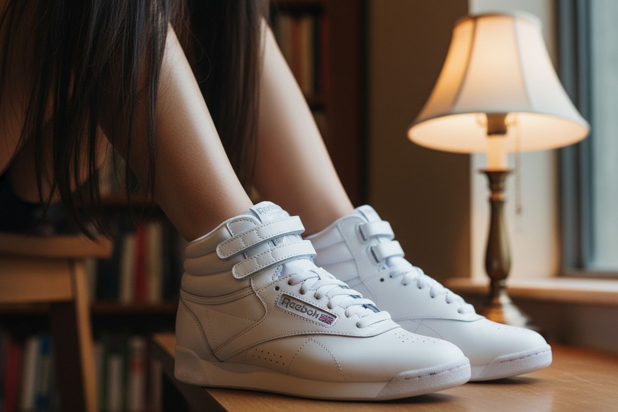 Reebok Women's Freestyle Hi high-top basketball sneaker in white and black colorway, showcasing classic retro silhouette with padded ankle collar and rubber sole โ view 4