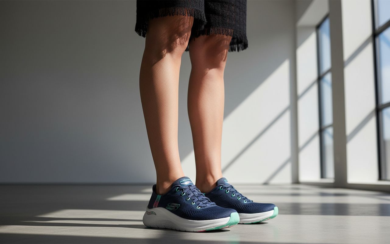 Neutral Skechers Arch Fit 2.0 hands-free slip-on sneaker with arch support technology, shown from the side view โ view 4