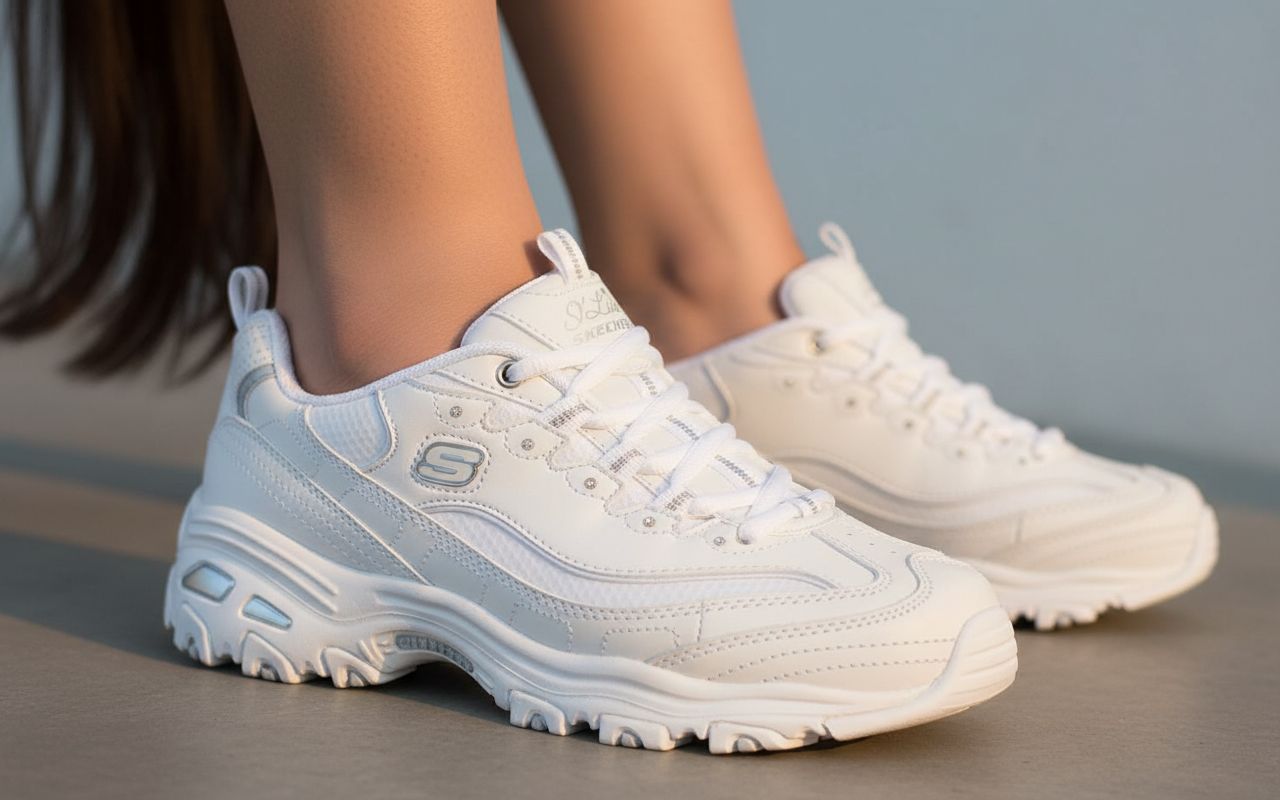 Skechers Women's D'Lites Fresh Start memory foam lace-up sneaker in white, featuring cushioned sole and sporty design for everyday comfort โ view 4