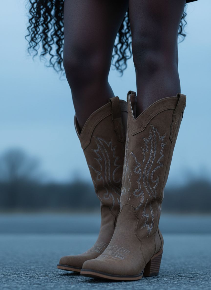 Neutral western cowboy boots for women featuring a chunky heel, mid-calf height, and snip toe design — view 4