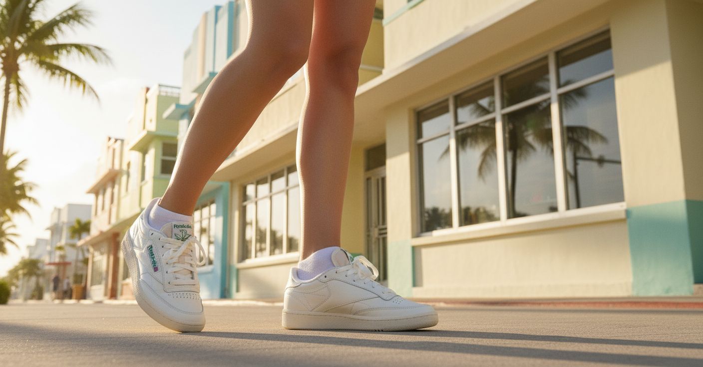 Reebok men's classic leather sneaker in white and navy, featuring the iconic side stripe and cushioned sole for all-day comfort โ view 3a