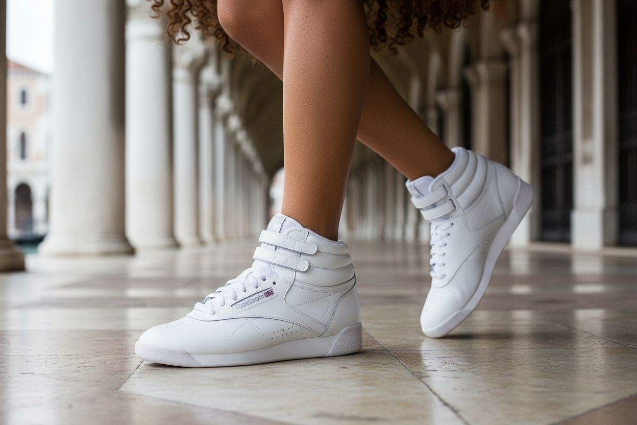 Reebok Women's Freestyle Hi high-top basketball sneaker in white and black colorway, showcasing classic retro silhouette with padded ankle collar and rubber sole โ view 3a