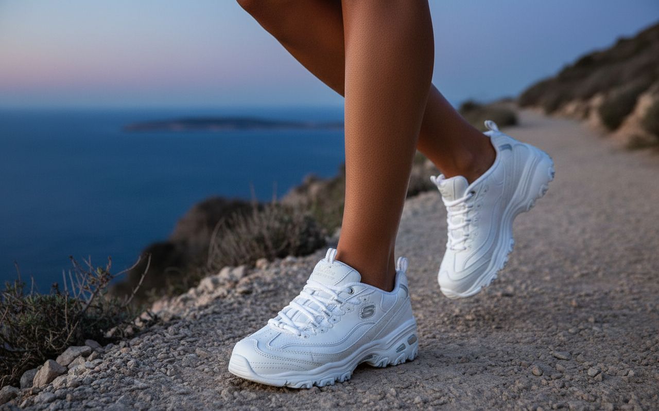 Skechers Women's D'Lites Fresh Start memory foam lace-up sneaker in white, featuring cushioned sole and sporty design for everyday comfort โ view 3a