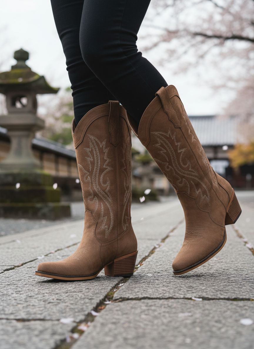 Neutral western cowboy boots for women featuring a chunky heel, mid-calf height, and snip toe design — view 3a
