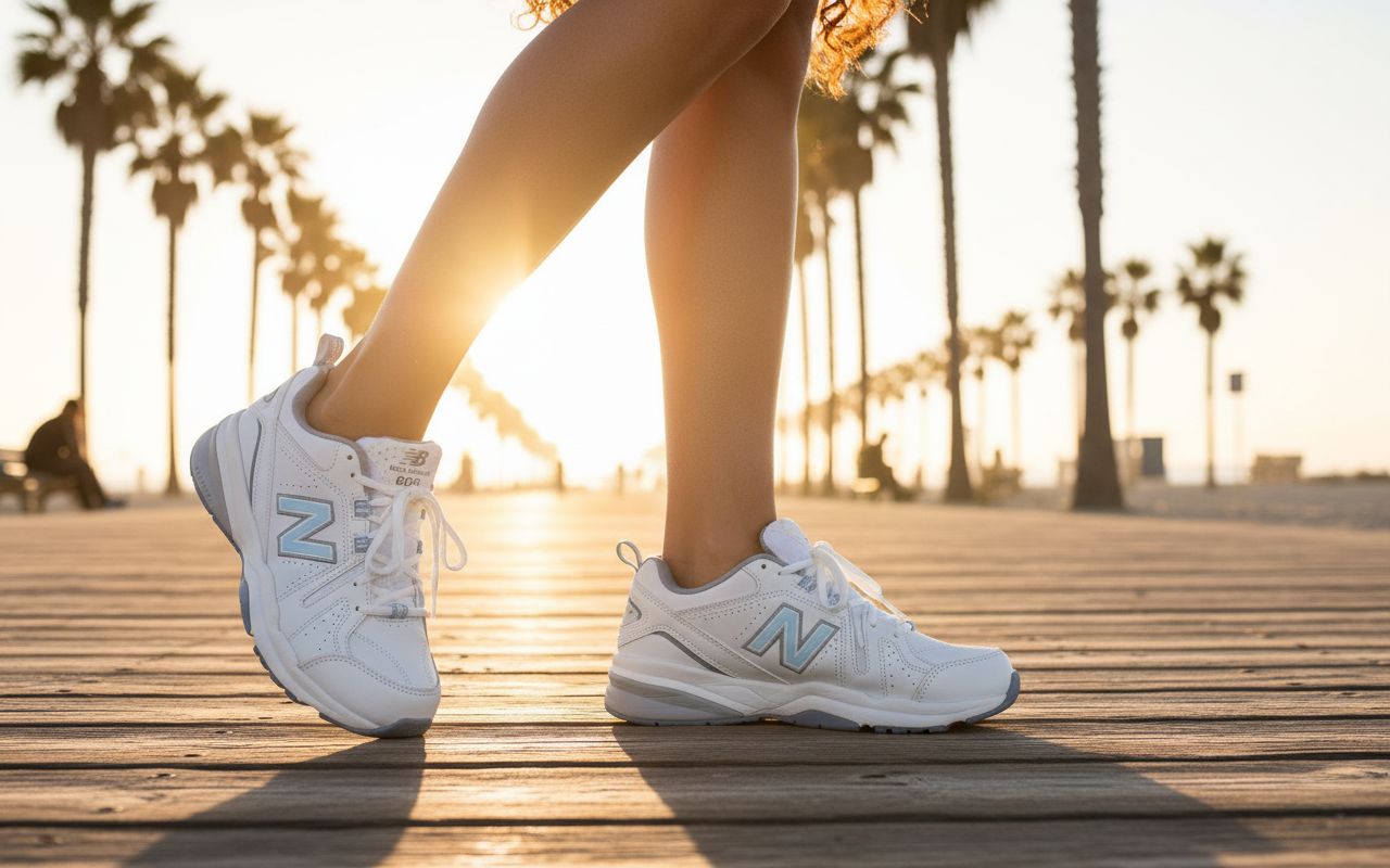 New Balance Women's 608 V5 casual comfort cross trainer in white with navy accents, featuring cushioned midsole and supportive design โ view 3a
