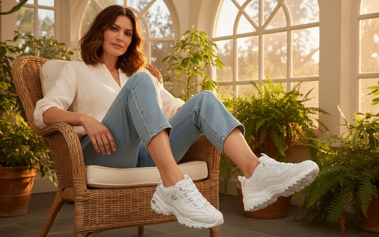 Skechers Women's D'Lites Fresh Start memory foam lace-up sneaker in white, featuring cushioned sole and sporty design for everyday comfort โ view 4