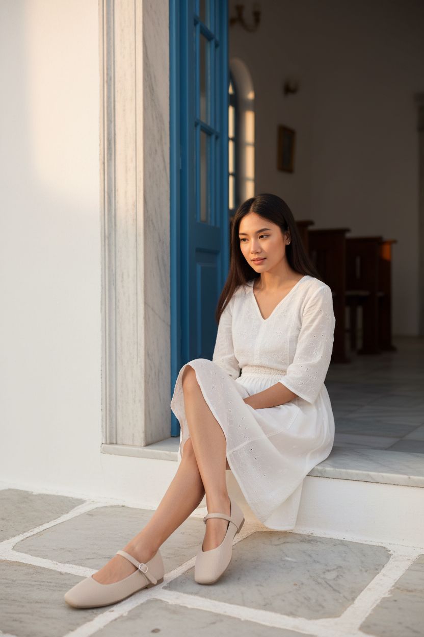 Neutral knit square toe flat with ankle strap and minimalist design, shown from the side — view 4