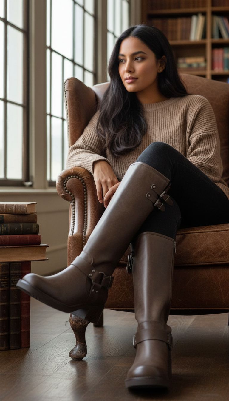 Black knee-high combat boots with lace-up front, adjustable side buckles, chunky low heel, and side zipper closure — view 4