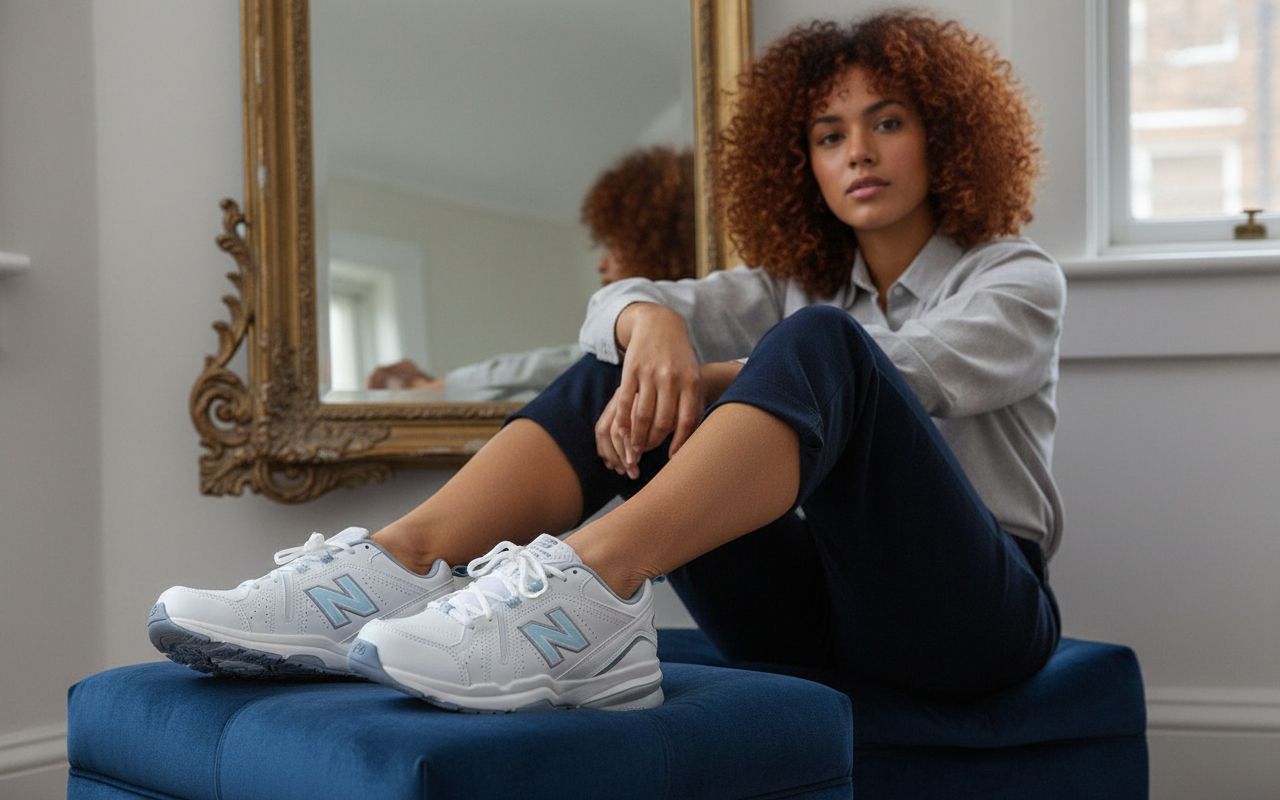 New Balance Women's 608 V5 casual comfort cross trainer in white with navy accents, featuring cushioned midsole and supportive design โ view 4