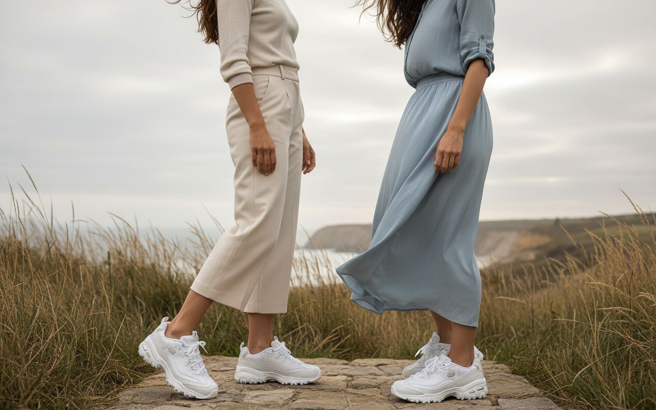 Skechers Women's D'Lites Fresh Start memory foam lace-up sneaker in white, featuring cushioned sole and sporty design for everyday comfort โ view 6