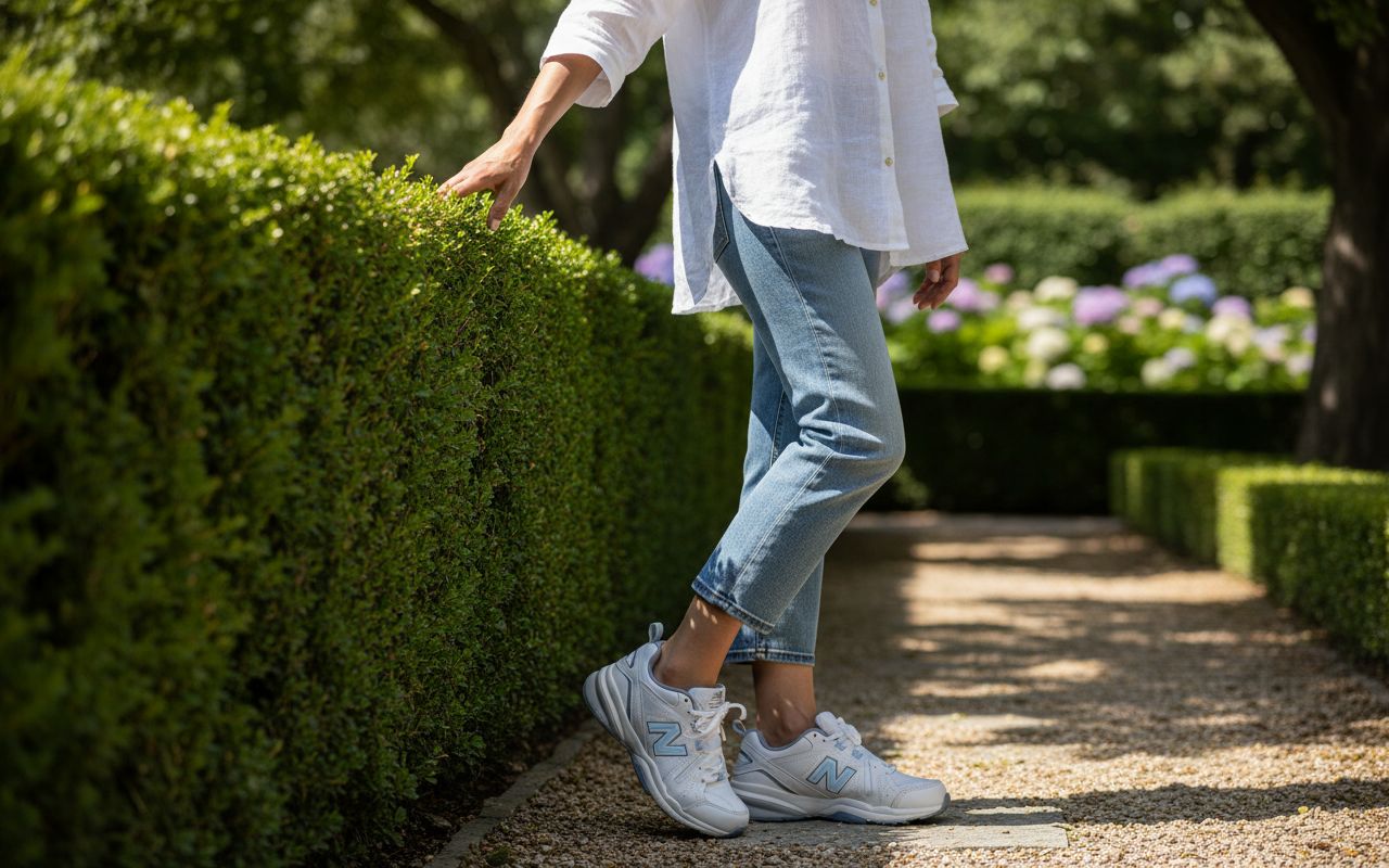 New Balance Women's 608 V5 casual comfort cross trainer in white with navy accents, featuring cushioned midsole and supportive design โ view 6